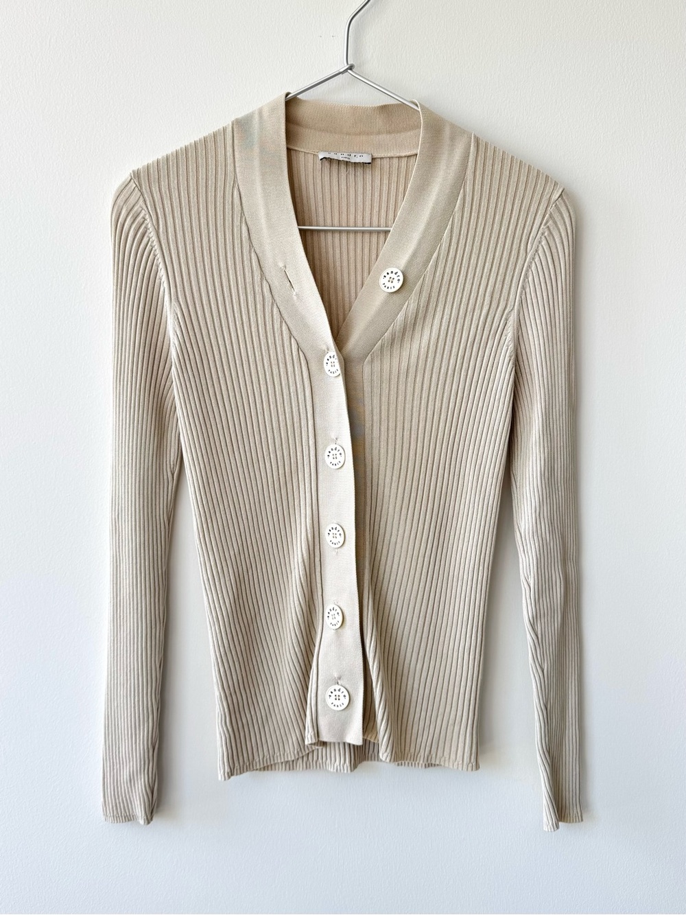 Sandro Beige Silk Blend Ribbed V-Neck Button Cardigan - Size 2 (M) - Body-con